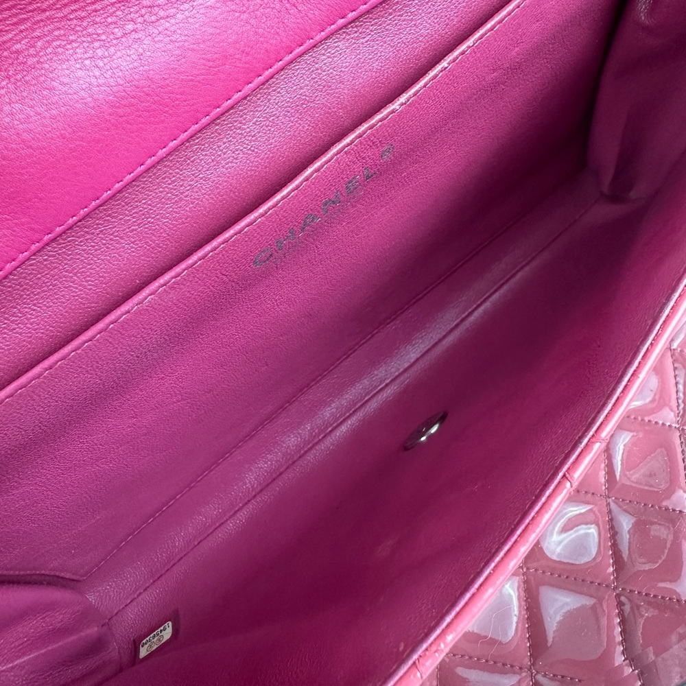 CHANEL Pink Quilted Patent Leather Flap Bag with Silver Hardware - Picture 7 of 10